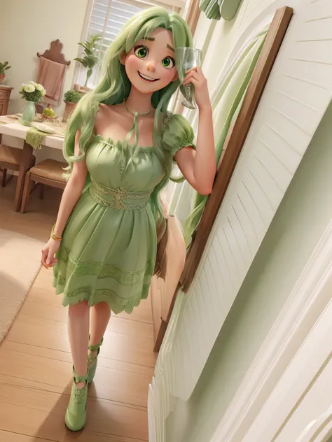 A woman in a green dress with long hair and big smile