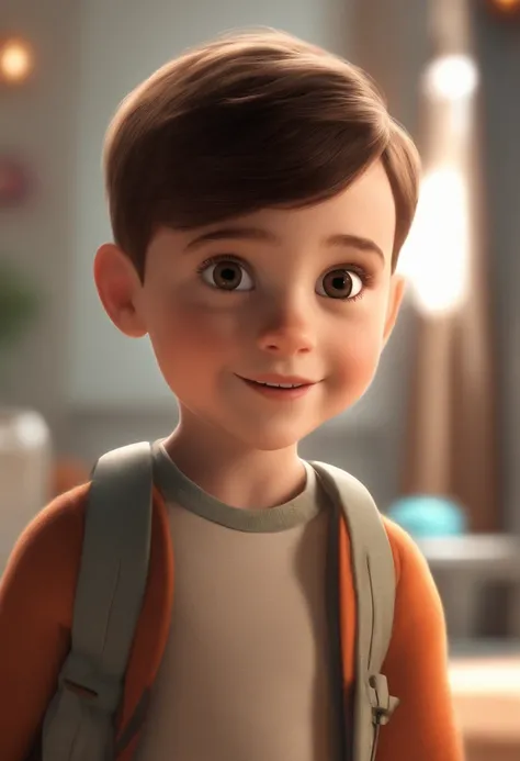 a happy cute kid standing short hair, vestindo uma fantasia espacial, , fundo branco, barnet, Tom, Estilo Pixar, ....3d, desenhos animados, rosto detalhado, asymmetrical 16k