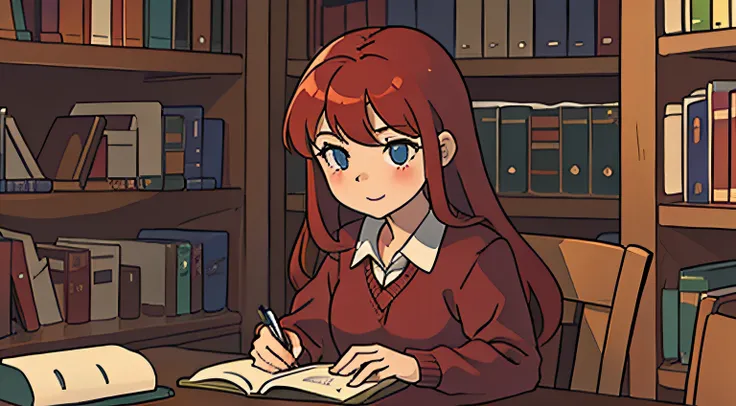 Red-haired schoolgirl studying in the library