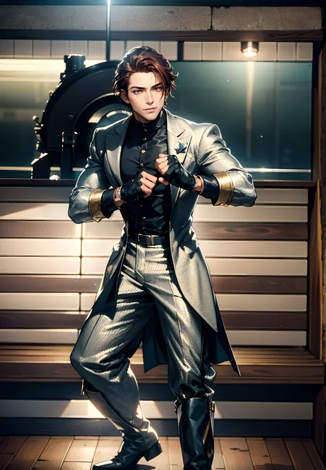 A young man, auburn hair, a center-parted back hairstyle, dark skin, narrow eyes, a cunning smile, a two-piece fantasy-reality style outfit, a white undershirt, a dark formal-style coat, wearing gloves, matching trousers with the outfit, has metallic-adorn...