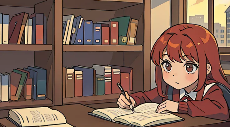 Red-haired schoolgirl studying in the library