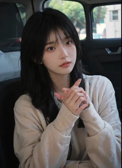 best qualtiy， 超高分辨率， （realisticlying：1.4）， A woman with long black hair and a gray sweater, 中景 the scene is, She has black hair，By bangs, young lovely Korean faces, wan adorable korean face, ulzzangs, Shin Jinying, beautiful aesthetic face, Korean face fea...