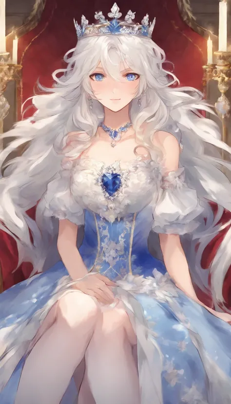 solo, 1girl, (masterpiece), ((20 year old appearance)), adult white hair, short hair, white eyes, anime girl, small Golden crown with a ruby ​​in the middle, Blue dress, Throne of ice