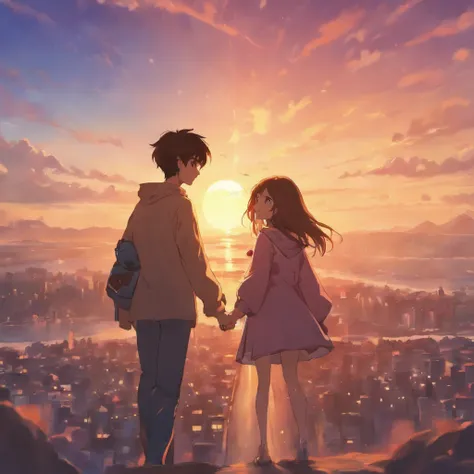 Um casal com o por do sol ao fundo, style pixar cartoon