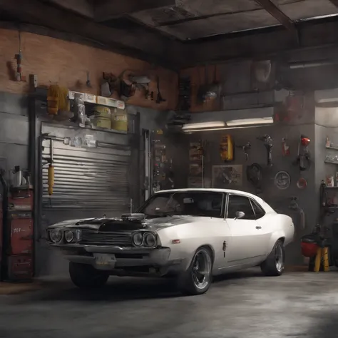 Create a Pixar-style 3D image: An automotive garage with a picture on the wall that reads Garage Service 1327 and with a car and a skinny man with black skin, bald and a very big beard, 35 years old with white sneakers, black pants, black t-shirt with logo...