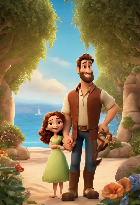 a Disney Pixar movie poster showing a white-skinned family. The father is the tallest, Tem barba curta, loiro, cabelos curtos e espinhosos. The mother has brown eyes and hair, shoulder-length and is slightly overweight. A menina tem 4 anos e cabelos castan...