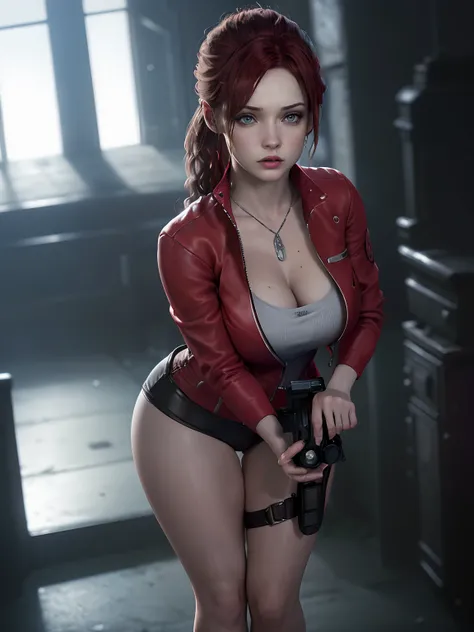 Resident Evil, Apocalyptic city, Christina Hendricks as Claire Redfield, beautiful woman, full body, pale white skin, medium red hair, tight clothing red leather jacket, holster holding a gun, realistic detailed face body clear image Highly detailed CGI 8K...