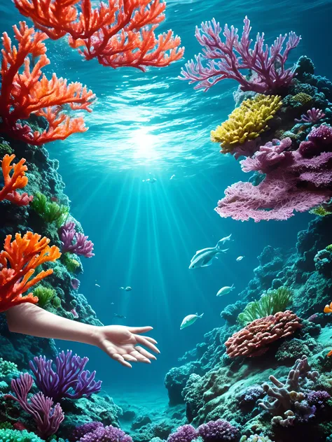 a hand rising from the ocean or a mystical underwater realm with colorful coral reefs, aquatic plants, and bioluminescent creatures.