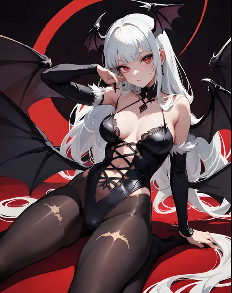 1girl, senos, joya de pecho, pantys, Alas de cabeza, solamente, senos grandes, Pelo rojo, Morrigan Aensland, alas, Animal print, bat print, pelo corto, ojos rojos, Legwear estampado, flequillo barrido, leotardo, bat like wings, escote, flequillo, tiara, Po...