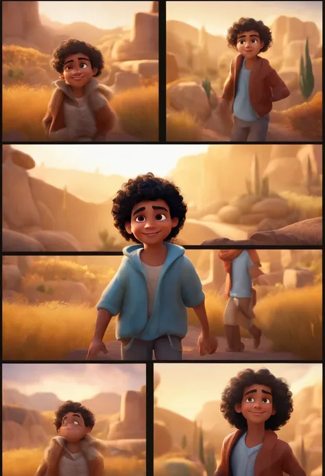 A young Arab boy with curly black hair, inspired by Disney Pixar movie, in a unique and stylish Pixar art style scene. (best quality, 4k, highres, masterpiece:1.2), ultra-detailed, realistic:1.37, vibrant colors, professional lighting, Pixar-inspired artwo...