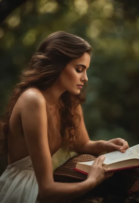 Uma bela jovem de cabelo longo cacheado, sentada lendo um livro na varanda