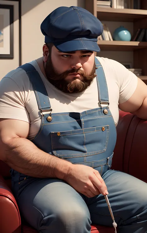 Create pixar style post of chubby man with beard wearing dark blue cap, Overalls also blue cleaning a sofa