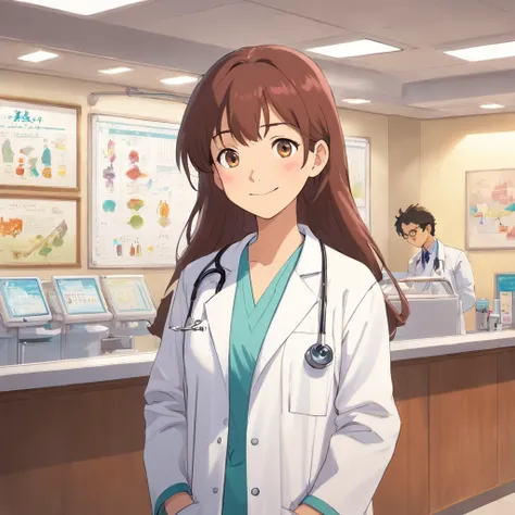 Standing at the reception desk of a hospital wearing a white lab coat，Look into the distance，With a smile，white  clothes，Faraway view，Studio Ghibli