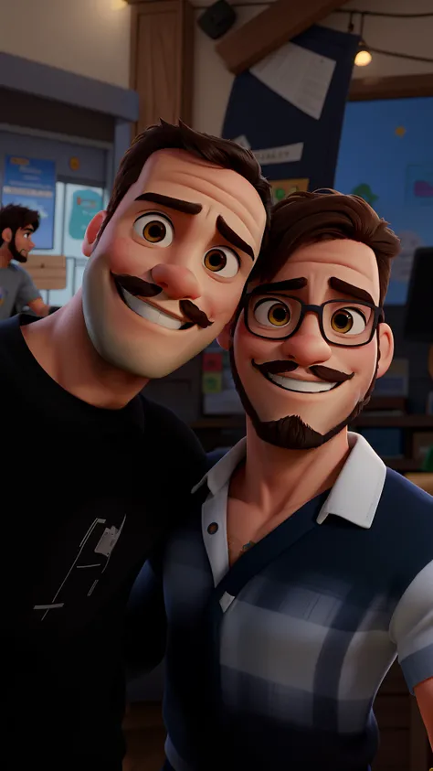 Casal dois homens jovens ambos com barba no estilo Disney Pixar, alta qualidade, melhor qualidade.