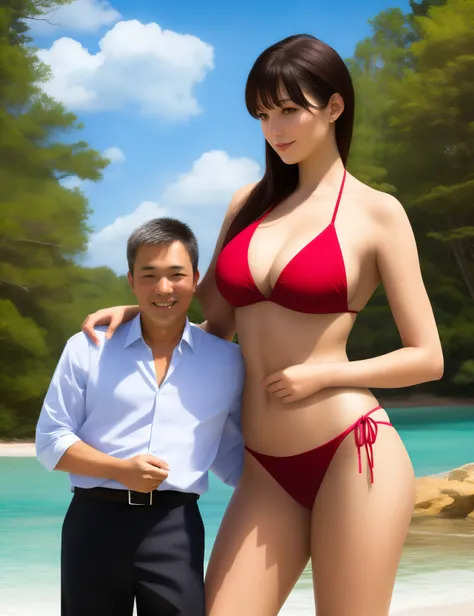 Tall woman in bikini hugging realistic short man