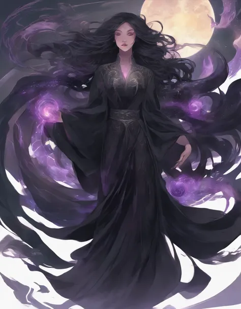 (full body shot:1.1) illustration image of a (standing pose:1.1). Female, levitating, wearing dark billowing robes that absorb the surrounding light. She is shrouded in a swirling veil of shadows that coil around her like living tendrils. (Amethyst eyes), ...