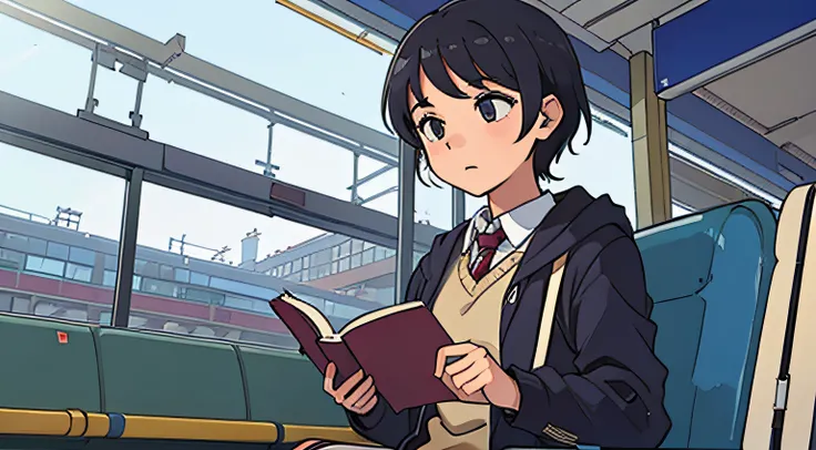 High school student reading a book at the train station、soio