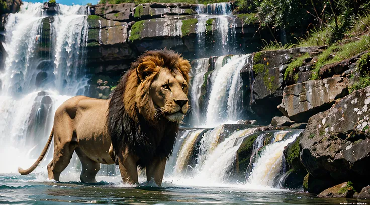 crie uma paissagem ultra realista, com uma cachoeira, um rio e um lion