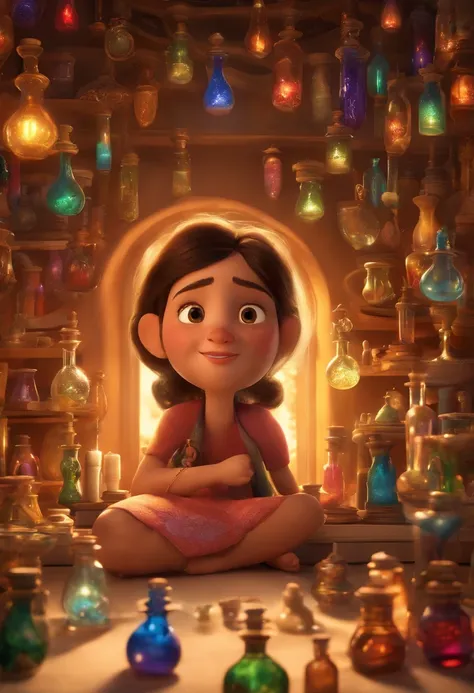 A collector of ideas inspired by Pixar animation, de perto. She is surrounded by a collection of magic vials, each containing a unique idea. The focus is on the character, with a captivating facial expression, Against a backdrop of shimmering, cores eferve...