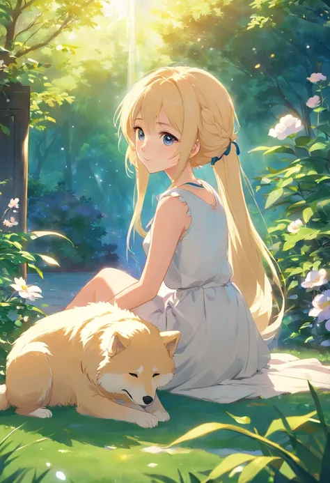 best quality, masterpiece, 1 girl, solo, blonde hair, super long hair, double twintails, perfect face, eyes open, perfect eyes, detailed eyes, sitting in the garden, theres a samoyed dog sleeping next to her, garden, magical, light particles