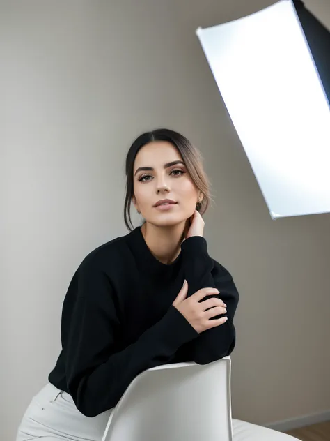 Arafed woman sitting on a chair with a light behind her, Jovana Rikalo, Madalena Radziej, Alina Ivanchenko, Alexandra Waliszewska, Anastasia Ovchinnikova, retrato photoshoot, Viktoria Gavrilenko, julia hetta, Ana Nikonova, Olga Buzova, foto retrato, retrat...