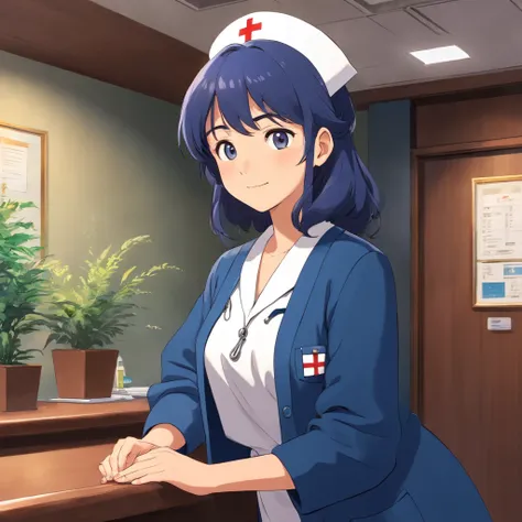 Woman in dark blue cardigan wearing nurses uniform，Stand at the reception desk of the hospital，Look into the distance，With a smile，Faraway view，Studio Ghibli