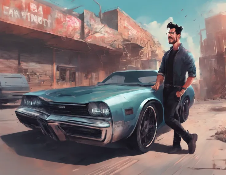 Markiplier being a giant and slowly stepping down on a car with his toe from a lowered perspective while grabbing on a building with one hand and with the other on his hip whiles his underwear are tearing to the limits