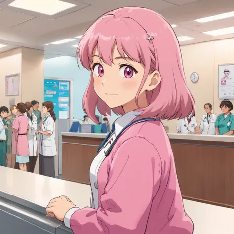 Woman in pink cardigan wearing nurses uniform，Stand at the reception desk of the hospital，Look into the distance，With a smile，Faraway view，Studio Ghibli