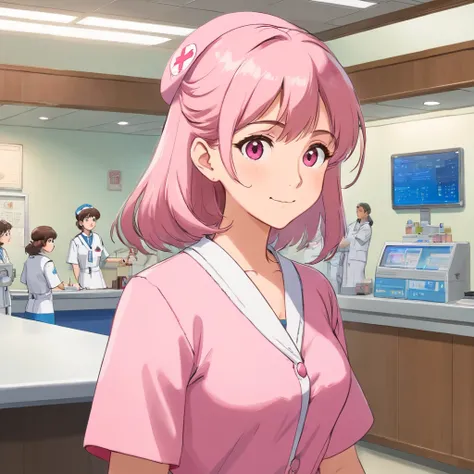 Woman in pink cardigan wearing nurses uniform，Stand at the reception desk of the hospital，Look into the distance，With a smile，Faraway view，Studio Ghibli