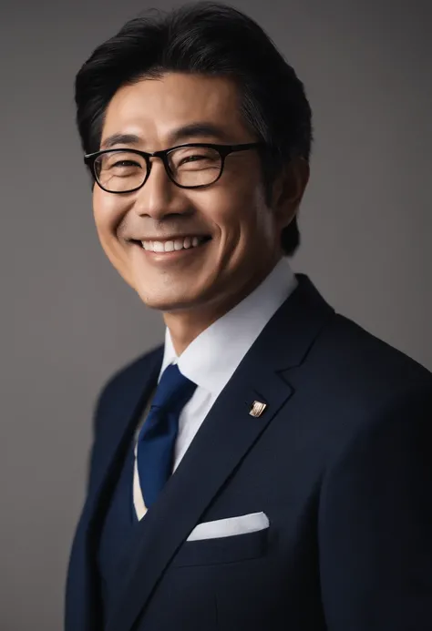 japanese male、40 years、Business suits、eye glasses、ssmile、simple background、facing front、Portrait