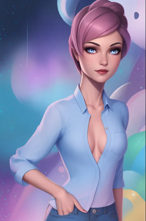 Criar imagem estilo Disney pixar de uma mulher morena, com olhos castanhos, cabelo cacheado longo, com camisa ombro a ombro azul, short florido rosa e sorrindo