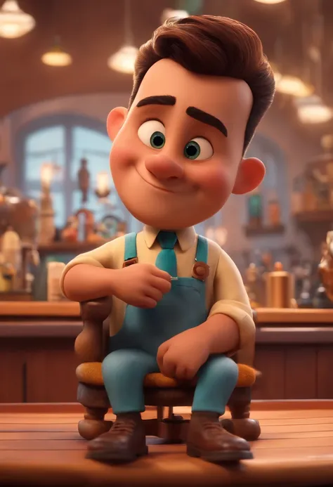 A Dream Barber Inspired by Pixar Animation, de perto. The character takes center stage with captivating facial expressions, oferecendo um toque de irrealidade, Cabelo curto e gordinho gradiente