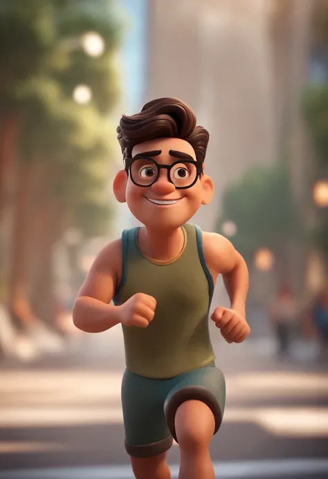 Cartoon character of a man running outdoors with black glasses, cabelo liso, pele cor clara, animation character, Caractere estilizado, animation style rendering, 3D estilizado, Arnold Maya render, 3 d render stylized, toon render keyshot, Personagem 3D, P...