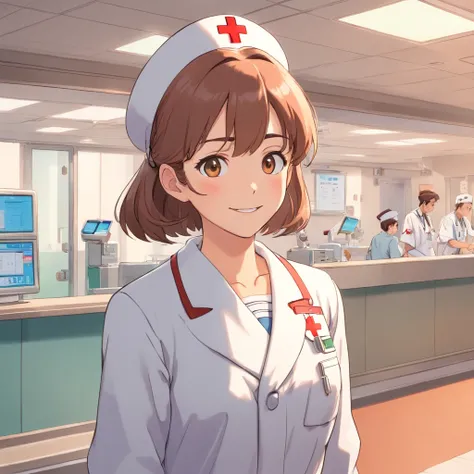 Woman in a cardigan in a nurses uniform，Young Face，Stand at the reception desk of the hospital，Look into the distance，With a smile，Faraway view，Studio Ghibli