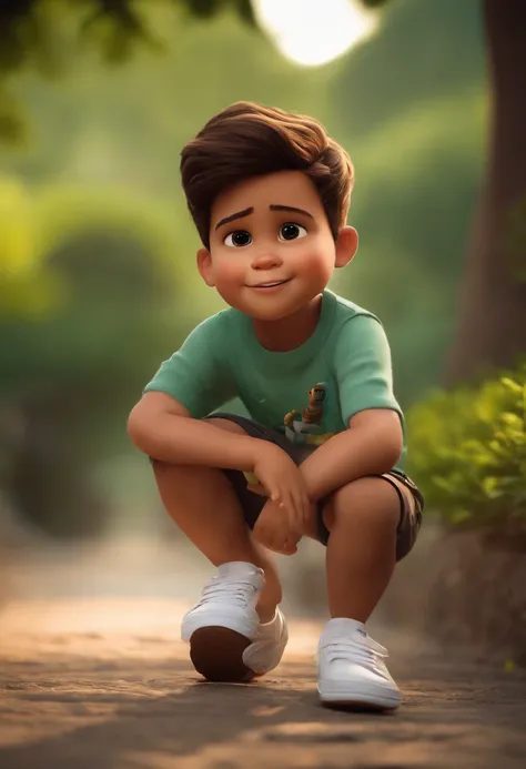 Imagem de um menino de 4 anos, Formato Pixar, pele castanha clara, cabelo cortado, blusa branca, Black shorts, white sneakers