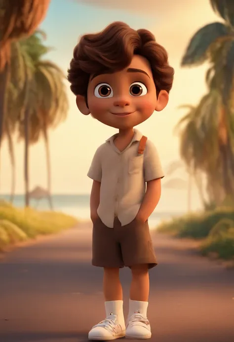 Imagem de um menino de 4 anos, Formato Pixar, pele castanha clara, cabelo cortado, blusa branca, Black shorts, white sneakers