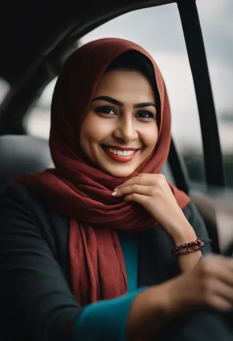 arafed woman in a car wearing a scarf and smiling, malaysian, headshot profile picture, faridah malik, 3 0 years old woman, 30 years old woman, beautiful and smiling, smiling and looking directly, zenra taliyah, warm and gentle smile, she is smiling, lovel...