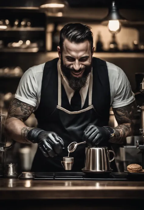 Venom as a barista, serving coffee, hyper detail, crystal clear image