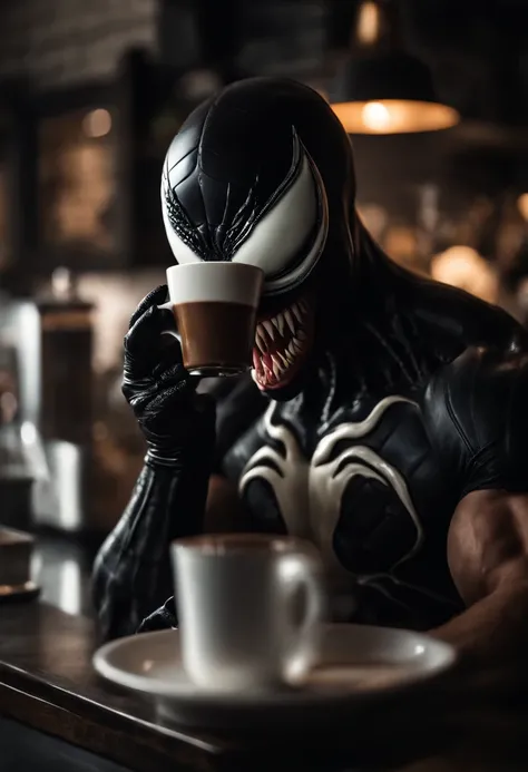 Venom as a barista, serving coffee, hyper detail, crystal clear image