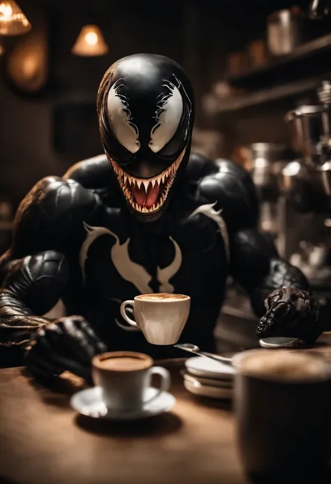 Venom as a barista, serving coffee, hyper detail, crystal clear image