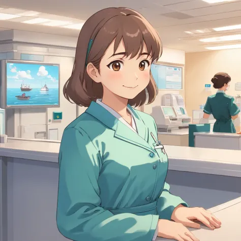 Sea otter in cardigan in nurses uniform，Young Face，Stand at the reception desk of the hospital，Look into the distance，With a smile，Faraway view，Studio Ghibli