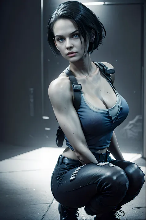 1girl, zotovalentine, zombie bite wound on neck, tank top, shoulder holster, athletic, (black jeans, black boots), beautifull jill valentine, (ultra detailed), (8k, intricate), (85mm), full body, wide shot, (highly detailed:1.2), breast focus, (detailed fa...