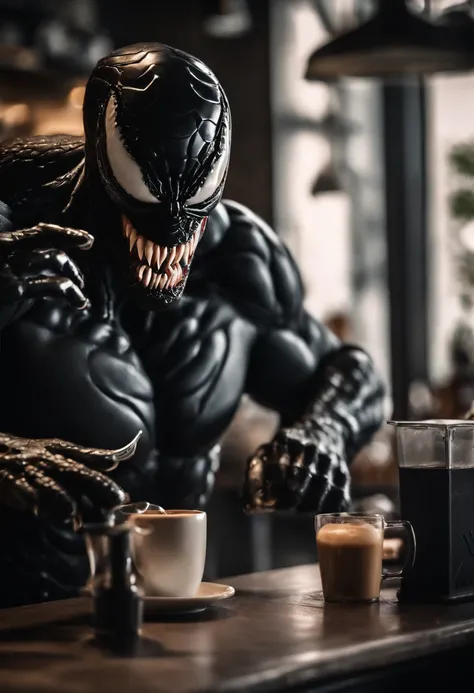 Venom working as a barista, serving coffee, hyper detail, crystal clear image