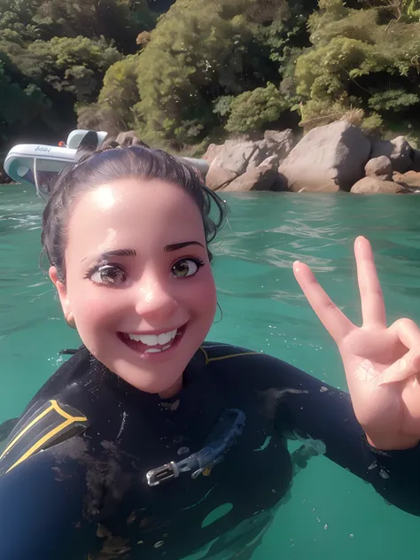 Mulher brasileira, sorrindo e muito feliz,  no mar, cabelos presos, olhos castanhos, com roupa de mergulho