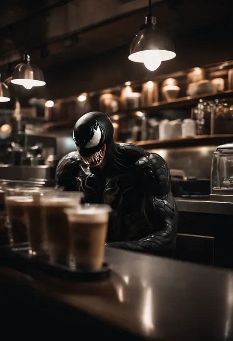 Venom working at Starbucks as a barista, serving coffee, hyper detail, crystal clear image