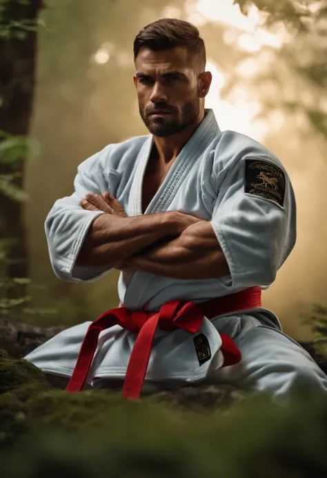 homem em frente a uma gigantesca montanha ao fundo, with arms crossed, Man in combat position, Quimono de jiu-jitsu, 8k, hyper realista, detalhado.