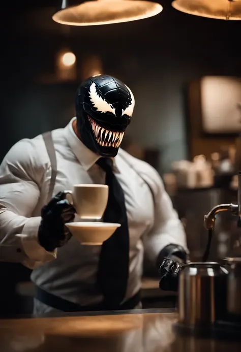 Venom working as a barista, serving coffee, hyper detail, crystal clear image