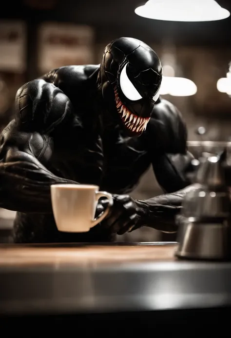 Venom working as a barista, serving coffee, hyper detail, crystal clear image