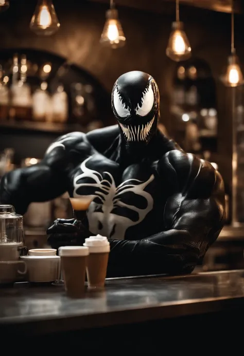 Venom working as a barista, serving coffee, hyper detail, crystal clear image