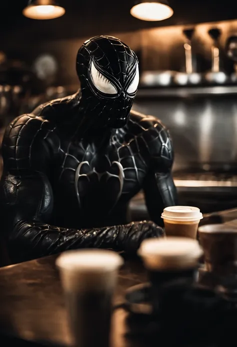 Venom working at Starbucks as a barista, serving coffee, hyper detail, crystal clear image, Intricate Detail